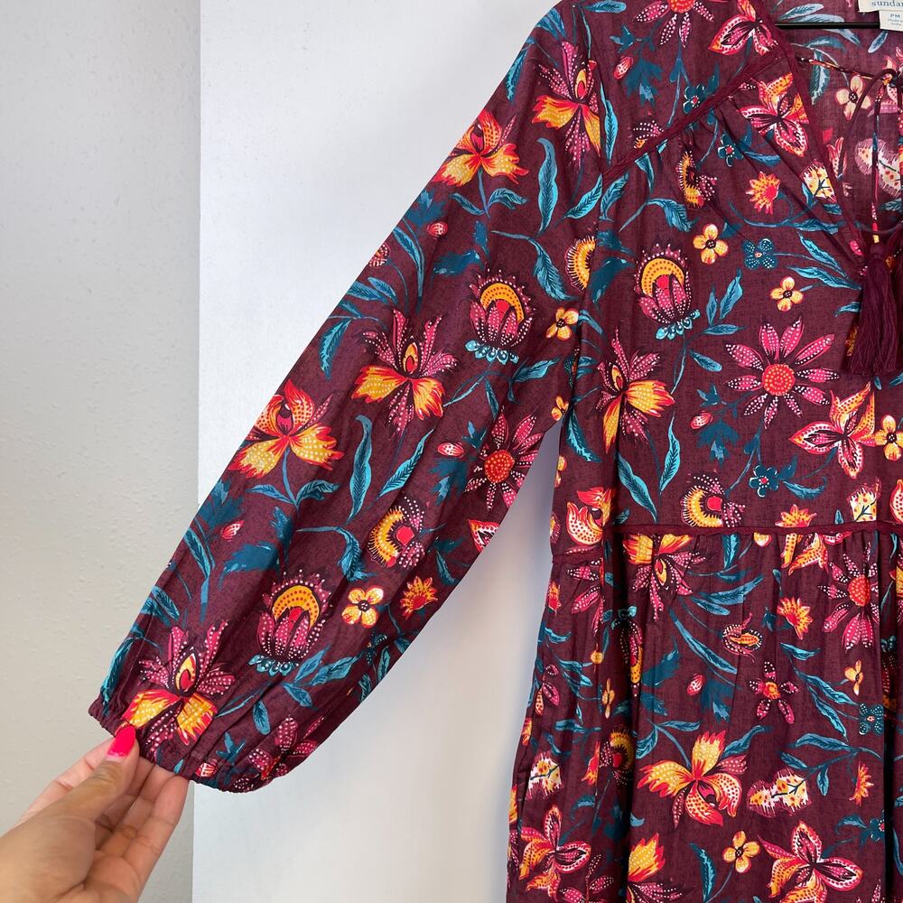 Sundance PM Petite M Cotton Floral Shift Maroon Red Dress A-Line 3/4 Sleeve - Picture 5 of 11